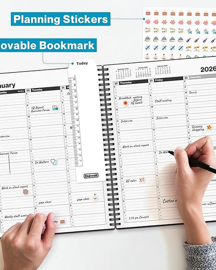 Dunwell Daily Planner 2026, 8.5x11 Appointment Book, 15-Min Hourly Schedule, Jan to Dec 2026, Large Planner with Colorful Tabs, Premium Paper Quality