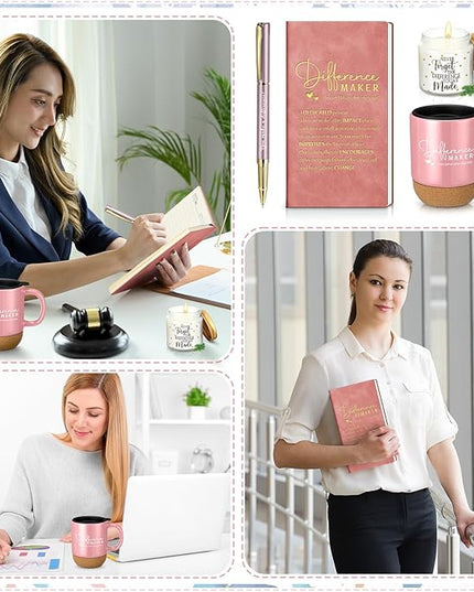 4 Pcs Difference Maker Gift for Women Men Teacher Employee Appreciation Gift for Coworker Staff Coach Difference Maker Mug Notebook Scented Candle Motivational Ballpoint Pen for Valentines(Pink)
