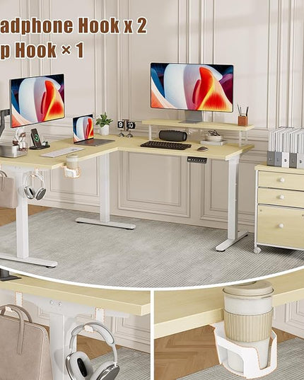 Flycity Electric L Shaped Standing Desk with File Cabinet, 59" x 59" Corner Computer Desk with Drawers, Dual Motor Stand Up Desk with Storage, Home Office Standing Desk Adjustable Height, Maple