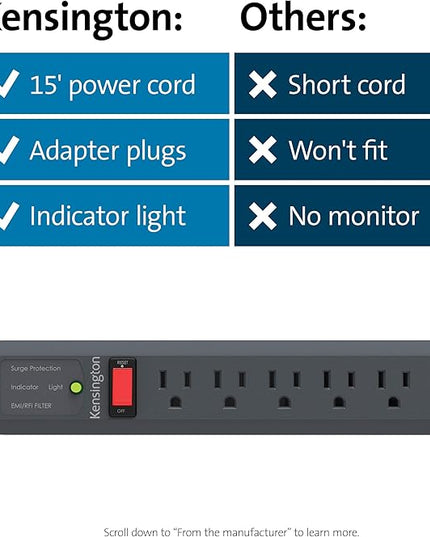 Kensington Guardian 6 Outlet Power Strip, 15ft Surge Protector, 15-Foot Cord, 540 Joules, Black(K38215NA)