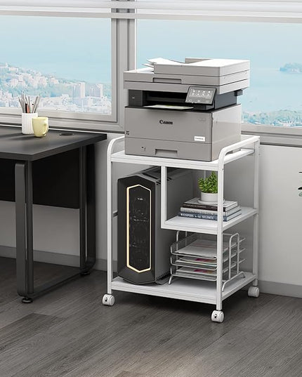 Large Printer Stand Table with Storage Shelf for Host Computer, PC Tower, CPU and Shredder, 3 Tier Rolling Printer Cart with Wheels for Home Office Storage and Organization - White