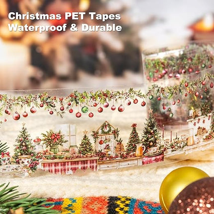 AuriicLeaf Christmas PET Tape Set - Seamless Loop Design with Snowy Villages, Festive Cats and Holiday Scenes, Includes Decorative Clip, Self-Adhesive Rolls for Scrapbook, Journal and DIY Decor