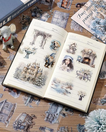 Auguro PET 20 Sheets 120 Pre-Cut Winter Stickers for Scrapbooking People Landscape Stickers Scrapbook Supplies Transparent Sticker for journaling