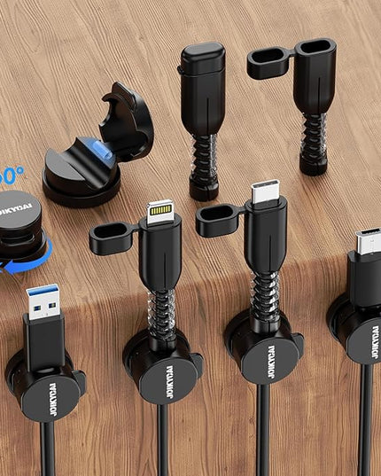 6 Desktop Cord Organizer Magnetic Spring Cable Clips Rotatable Cord Holder 2 Charging Cord Protecors for Nightstand Phone Charger Organizer Computer Desk Cable Management Appliance Adhesive Wire Strap