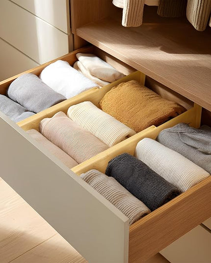 VaeFae 3 Pack Bamboo Drawer Dividers, 4" High Adjustable 11.9-17.1" Clothes Drawer Organizers, Expandable Separators for Bedroom/Bathroom/Kitchen/Office Storage