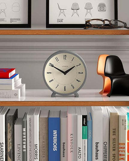 JONES CLOCKS® Venus Desk Clock | Modern Round Design | Gray | Stylish Retro Look for Shelf, Table, Mantel or Bedside