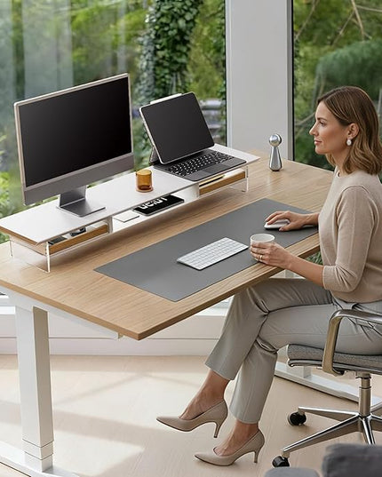 Fenge Dual Monitor Stand with Drawer, 42.5 Inch Large Monitor Riser with Acrylic Legs Supports, Computer Stand for Desk, 2 Tier Wood Desk Shelf with Storage Organizer for PC, Laptop, Printer, TV