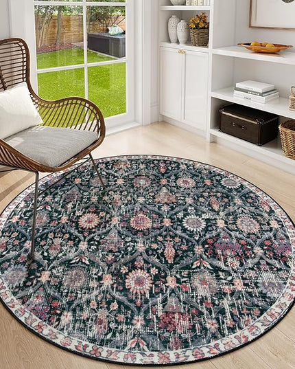 Lahome Moroccan Trellis Washable Round Rugs, Non-Slip Soft Round Rug 4ft Ultra-Thin, Small Vintage Circle Carpet for Entryway Kitchen Bedroom Nursery Bathroom, Black/Multi