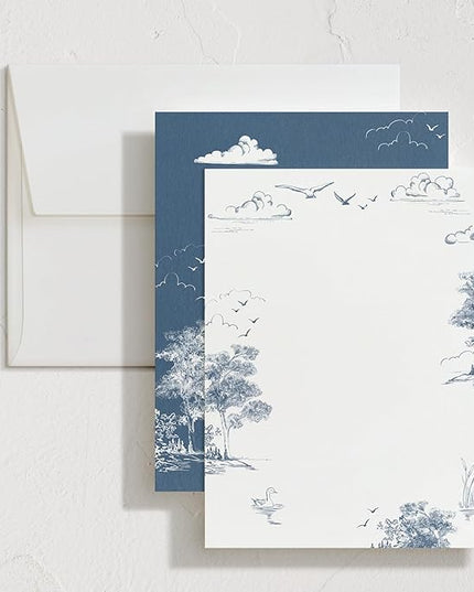 Minted Lake Side Toile Stationery Set, Set of 10 Flat Note Cards & Envelopes for Invitiations and Handwritten Thank You Messages, Toile Design, Lake & Forest Scene, Gifts for Women, Luxurious Paper
