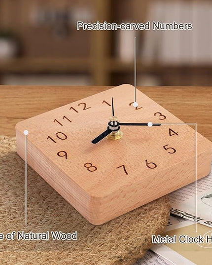 Kattepote Wooden Table Clock on Stand, Decorative Battery Operated Desk and Shelf Clock, Silent Non-Ticking Desktop Clock for Office, Living Room or Bedroom Decor, Square Shape, Beech Wood