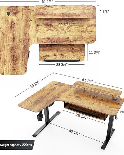 EUREKA ERGONOMIC Standing Desk with Keyboard Tray, Computer Desk, 61" L Shaped Electric Adjustable Height Desk w Monitor Stand LED, Corner Sit Stand Desk Gaming Desk, Dual Motor,Left/Rustic Brown