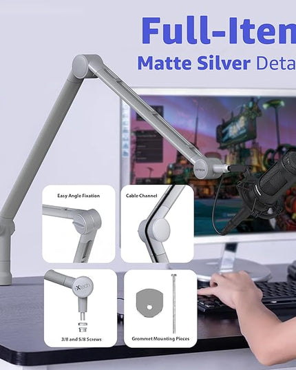 IXTECH Boom Arm - Adjustable 360° Rotatable Microphone Sturdy Stainless Steel Mic Desk, Table Stand Foldable Scissor Stable Mount Arms for Radio Studio, Podcast, Gaming (MATTE SILVER)