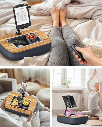Lap Beanbag Tablet Pillow Stand,Adjustable iPad Holder with Snack Bowl,360° Rotating Clip for 4.7-13" Kindle,Phone,Tablet.Ideal for Hands-Free Reading and Relaxation on Bed,Couch,Recliner,Gray