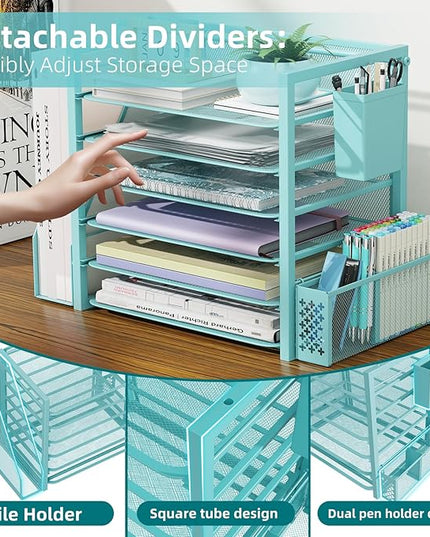 Simple Trending 6 Tier Desk File Organizer, Paper Letter Tray Organizer with File Holder and Pen Container, Blue