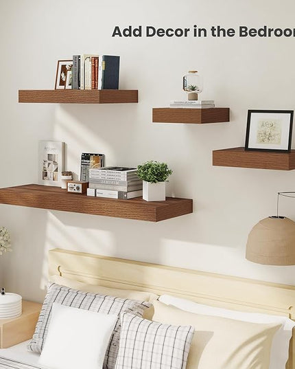 Heimlove 12 Inch Deep Floating Shelves, 16 x 12 inches Long Wall Shelf, Large Extra Display Shelf & Storage Shelf, Rustic Wood Wall Shelves for Fireplace Mantel, Walnut - 2Pack