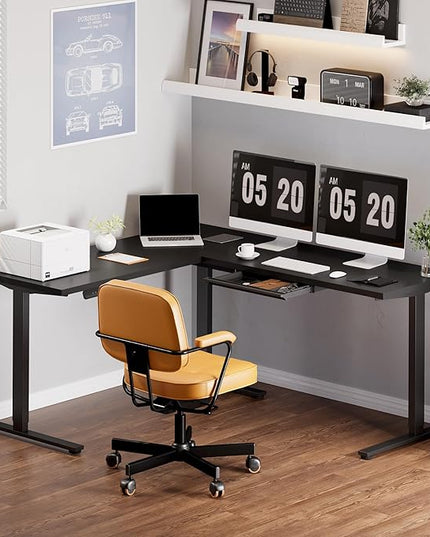 FLEXISPOT L Shaped Standing Desk, 71 x 63 Inch Electric Height Adjustable Corner Desk, Sit Stand Computer Workstation, Preset Controller, Home Office, Black Frame with Black Top, Black Drawer