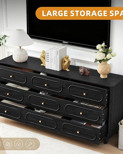 9 Drawer Fluted Dresser for Bedroom, Mid Century Modern Chest of Drawers, Wood Storage Small Dresser Organizer for Bedroom Living Room Hallway Closet, Black