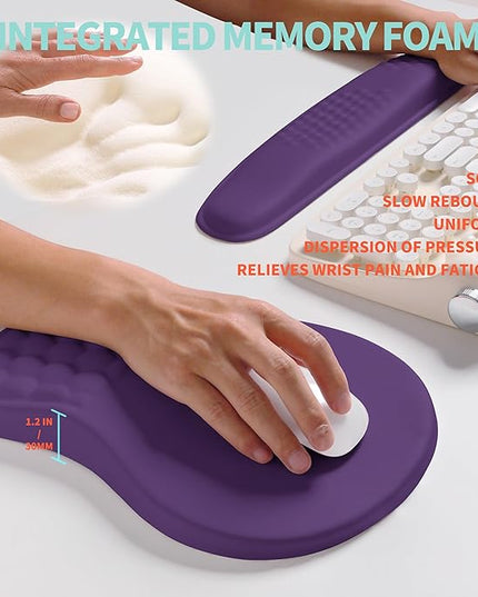 2-in-1 Ergonomic Set, Wave Rise Keyboard Wrist Rest and Massage Bulge Slope Mouse Pad Wrist Support, Cushion Memory Foam Integrated to Relieve Wrist Pain, Dark Purple