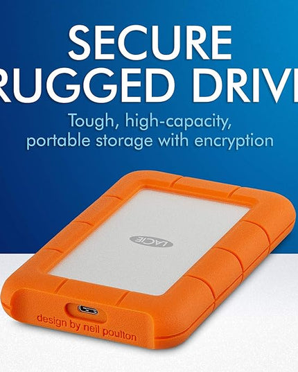 LaCie Rugged Secure 2TB External Hard Drive Portable HDD – USB-C USB 3.0 Drop Shock Dust Rain Resistant Computer Desktop Workstation Laptop Hardware Encryption, 1 Month Adobe CC (STFR2000403)