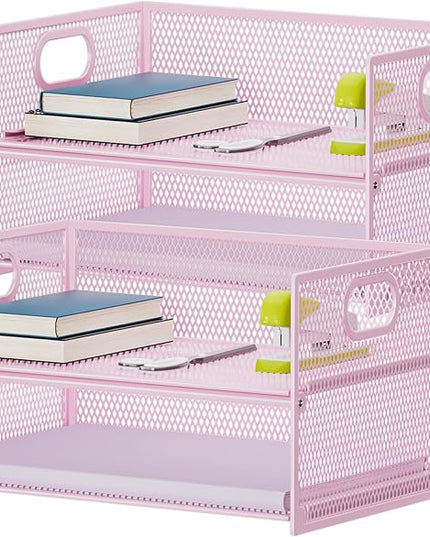Marbrasse 2 Tier Paper Organizer Letter Tray, Mesh File Organizer with Handle, Paper Sorter Desk Organizer for Home Office Supplies - 2P Pink