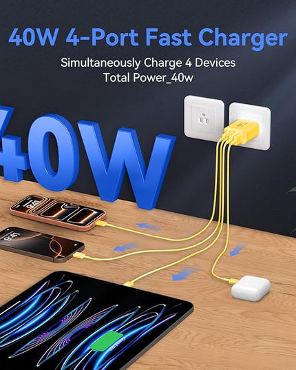 USB C Wall Fast Charger Block, 40W 4-Port Type C Chargers Fast Charging Blocks PD Power Charger Adapter+QC 3.0 USB Multiport Charger Brick for Phone 17/16/15/14/13/12 Pro Max, i-Pad, Galaxy S25-2Pack