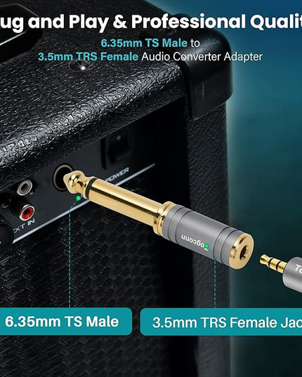 6.35mm 1/4 Inch to 3.5mm 1/8 Inch Adapter 2 Pack, 6.35mm Quarter Inch TS Mono Male to 3.5mm TRS Female Stereo Jack Plug Audio Converter Connector Premium Quality Series for Speaker, Headphone, Guitar
