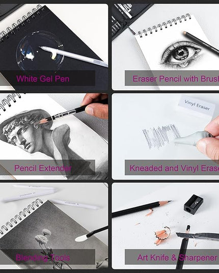 HIFORNY 58 PCS Drawing Kit Sketching Pencil Set,Sketch Pencils Art Supplies with 3-Color Sketchbook,Graphite,Charcoal,Blending Tools,Drawing Pencils for Adults Artists