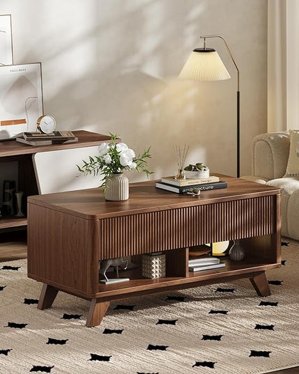 ONBRILL Farmhouse Lift Top Coffee Table, Mid Century Modern Coffee Table with Hidden Storage Compartment, Fluted Rising Pull up Wood Modern Center for Living Room, Office, Walnut