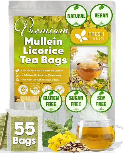 FreshDrinkUS, Premium 55 Mullein Licorice Tea Bags, 100% Natural, Blend of Mullein Leaves, and Licorice Root. Made with Natural Material Tea Bags. No Sugar, Vegan.