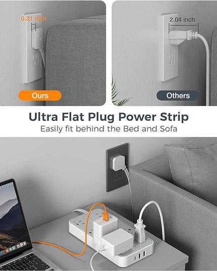 Power Strip Surge Protector 10 FT, TESSAN Flat Plug Extension Cord with 8 Outlets 3 USB Ports(1 USB C), 1080Joules Wall Mountable Multi Port Charging Station for Home Office Dorm Room Essentials