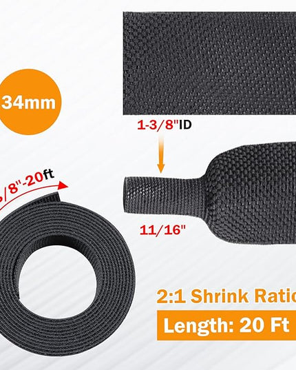 FOURUB 2:1 Ratio Flat Heat Shrinkable Braided Sleeving,Electrical Insulating Tubing,Durable Automotive Fabric Harness Shrinking Sheath (1-3/8"-20ft)