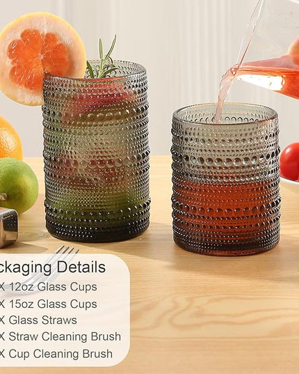 Vintage Glassware Drinking Glasses Set of 12,Grey 12oz & 15oz Hobnail Glass Cups,Embossed Water Tumbler,for Beer,Cocktail,Whiskey,Juice and Various Mixed Drinks- 1 Cleaning Brush