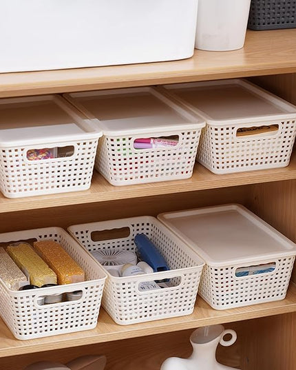 Plastic Storage Baskets With Lid, Storage Bins for Organizing, Stackable Decorative Containers for Shelves Drawers Desktop Closet Playroom Classroom Office, 6 Pack- White