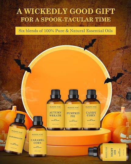 MAJESTIC PURE Essential Oil Blends Gift Set, 100% Pure & Natural Halloween Collection - Autumn Wreath, Pumpkin Pie, Candy Corn, Marshmallow, Night Air, Caramel Corn - 2 Fl oz