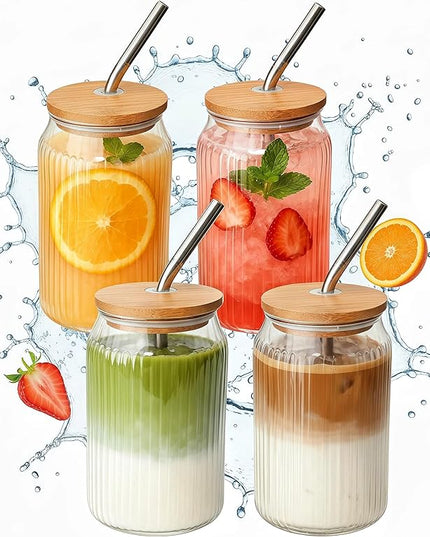 4 Packs Ribbed Glass Tumbler with Lid and Straw 16 oz Cute Ice Coffee Cup Set for Smoothie Juice Matcha Tea Latte Cappuccino Espresso Hot Coffe Water Reusable Clear Travel Boba Aesthetic Drinking Mug
