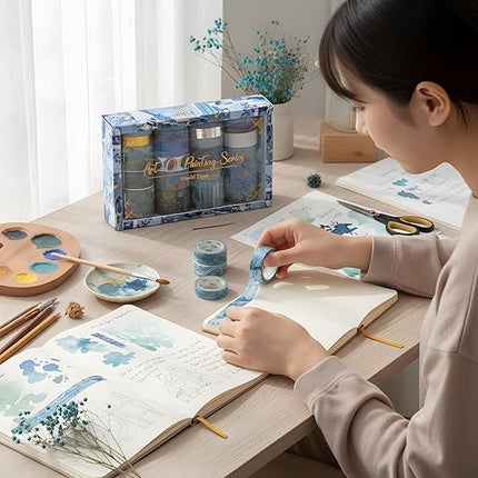 Sifaolp Washi Tape Set, 24 Rolls Vintage Washi Stickers, Assorted Sizes, for Junk Journal Scrapbook Tape, Bullet Journaling Scrapbooking Supplies, Planner Sticker DIY Craft DéCor (Blue)