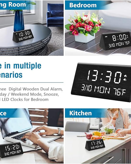 Kogonee Wooden Digital Alarm Clock, 0-100% Dimmer, 2 Alarm Settings, Weekday/Everyday Mode, 9 Mins Snooze, 12/24H, Temperature and Date Display for Office, Travel, Bedroom Alarm Clock (Black)