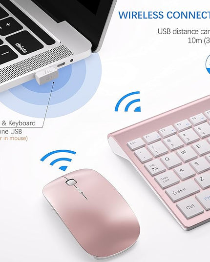 Wireless Keyboard and Mouse Ultra Slim Combo, TopMate 2.4G Silent Compact USB 2400DPI Mouse and Scissor Switch Keyboard Set with Cover, Batteries Included, for PC/Laptop/Windows/Mac - Rose Gold White