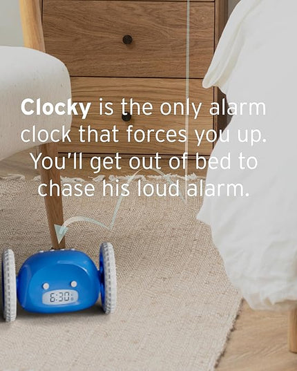 CLOCKY Extra Loud Alarm Clock for Heavy Sleepers on Wheels Rolls Runs Away Vibrating Easy to Set Super Smart Snooze Digital Bed Shaker Alarm Clock Funny Gift for Adults Kids Teens Bedrooms (Blue)