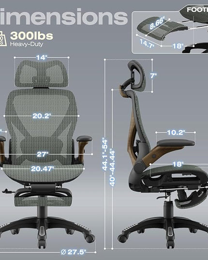 ELABEST X100 Ergonomic Mesh Office Chair with Footrest, Big and Tall Hone Desk Chair with 5D Flip-Up Arms, Adjustable 3D Lumbar Support,Gaming & Executive Computer Chairs for Long Hours