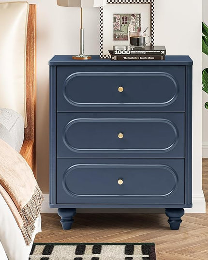 3 Drawer Fluted Dresser for Bedroom Set of 2, Mid Century Modern Chest of Drawers, Wood Storage Small Dresser Organizer for Bedroom Living Room Hallway Closet, Blue