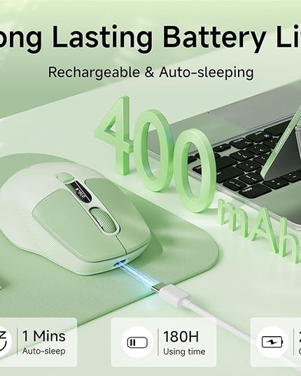 EWEADN Q1 Wireless Mouse, BT & 2.4G Silent Mouse Quiet Click with 1600 DPI Levels, Battery & DPI LED Screen Display, 6 Button Small Portable Bluetooth Mouse for Laptop/PC/Mac-Green