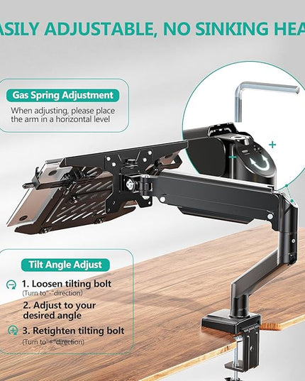 WALI Laptop Desk Mount, 2-in-1 Monitor Mount Fit 17” Notebook and 34” Monitors, Laptop Stand for Desk Adjustable Height, Gas Spring Monitor Arm with Laptops Holder, Up to 22-26.4lbs(GSMP001LPN), Black