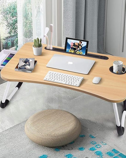 Slendor Lap Desk with Tablet Slot, Foldable Laptop Table with Storage Drawer for Bed，Portable Bed Desk for Laptop, Computer Tray with Cup Holder Notebook Stand Reading Holder for Couch Floor, Walnut