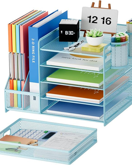 Marbrasse Desk Organizer with File Holder, 5-Tier Paper Letter Tray Organizer with Drawer and 2 Pen Holder, Mesh Desktop Organizer and Storage with Magazine Holder for Office Supplies(Blue)