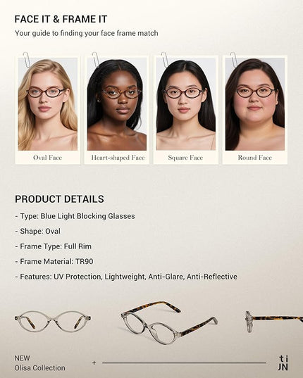 TIJN Olisa Blue Light Blocking Glasses for Women Men,Oval Glasses Frame Bluelight Glasses for Gaming/Computer/Screen