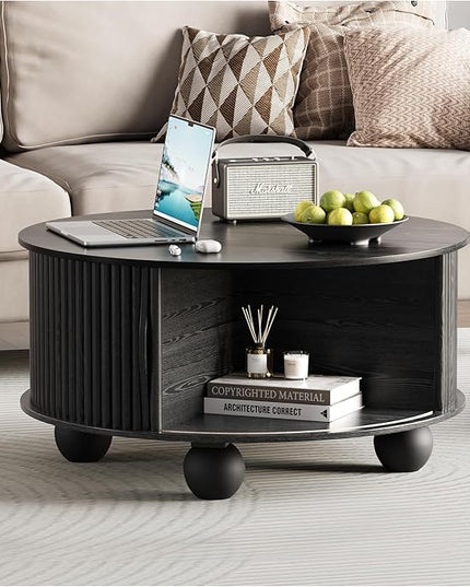 JOINICE Black Round Coffee Table with Storage, 31.5" Fluted Drum Center Table with Sliding Door, Modern Farmhouse Wood Circle Table with Bun Feet for Living Room