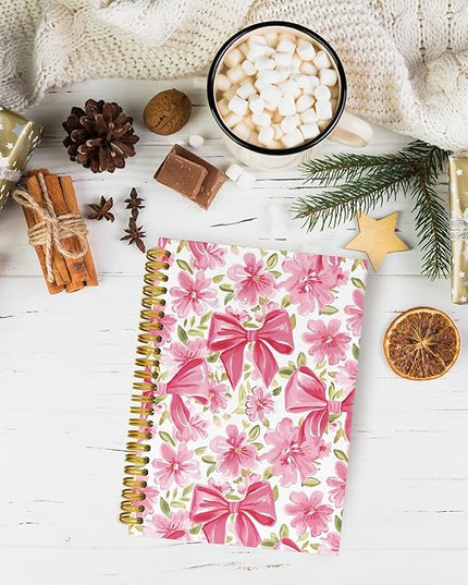 JKMBN Coquette Pink Bow Floral Spiral Notebook For Women, Maximalist Journaling Notebooks, Cute Pink Notebook Journal, Pink Office Supplies, Hardcover Spiral Lined Notebook 5.5 x 8.3