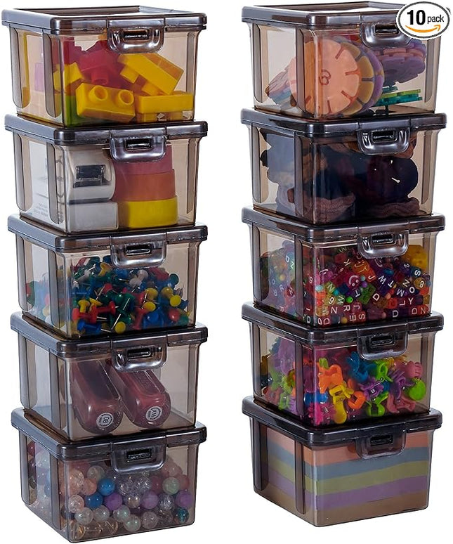 10-Pack Small Plastic Containers with Lids, Clear Stackable Storage Boxes & Bins Organizer for Bead Organizer, Craft Storage, Stickers, Jewelry & Small Items – Black Square Small