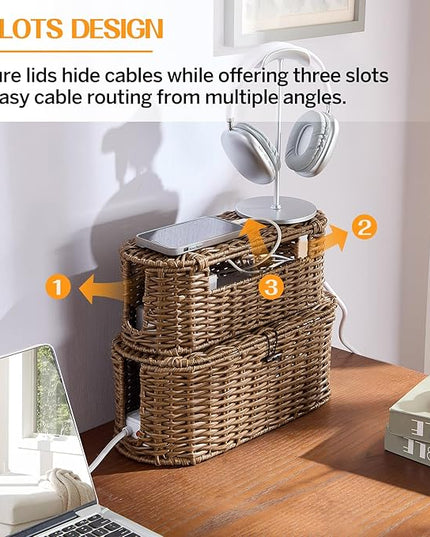 FairyHaus Cable Management Box 2Pack Brown, Handwoven Large and Small Cable Organizer Box Cover to Hide Cords and Power Strip, Imitation Wicker Cord Organizer Box Hider for Office Desk and Floor